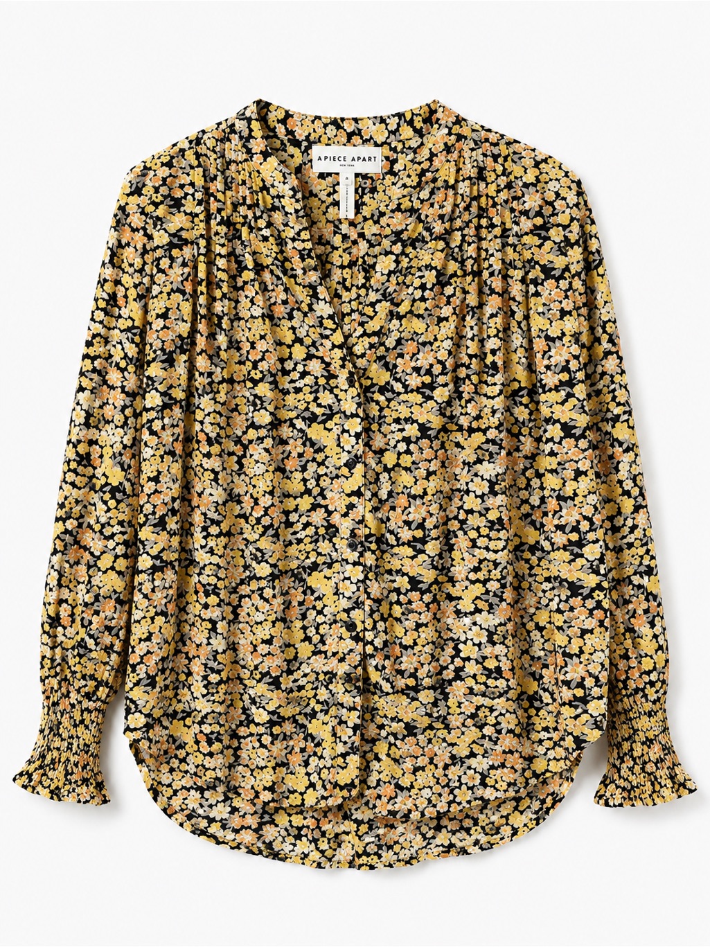 Apiece Apart Black Floral Button-Front Blouse With Yellow & Peach Flowers